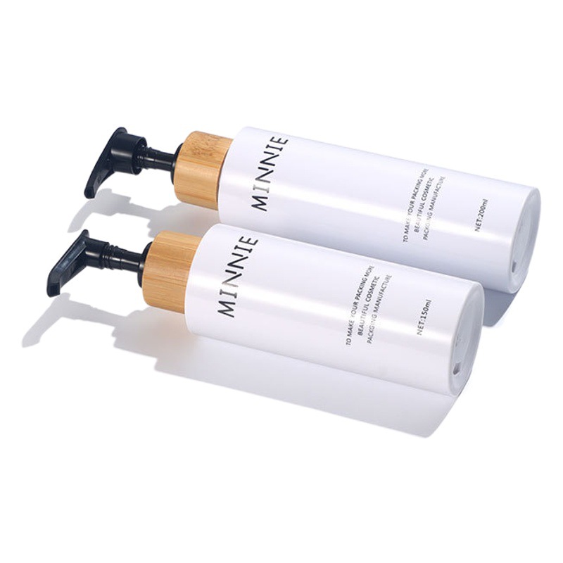 En stock botella de prensa de bambú 100mL botella pequeña botella de loción para el cuidado de la piel material de embalaje cosmético 200ml botella de lavado