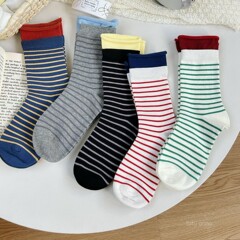 TuTu韩系学院风撞色条纹中筒袜女秋冬款ins潮外穿日系显瘦堆堆袜