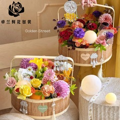 卓兰中秋节新品竹编月饼礼盒新中式手提花篮花束包装单层插花空盒