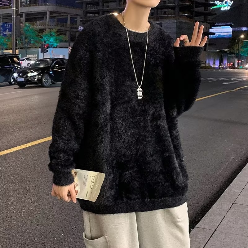 Otoño e Invierno novio estilo engrosado flojo perezoso estilo suéter simple de color sólido cuello redondo suéter blanco estilo coreano de los hombres moda