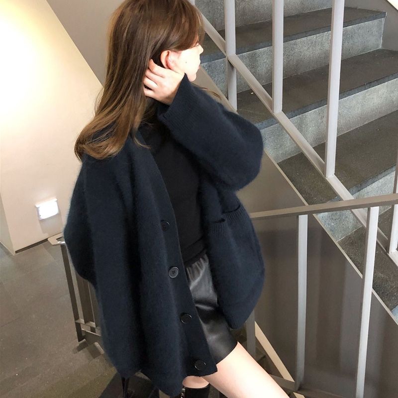 浣熊绒咖啡色毛衣外套春秋复古日系宽松慵懒风中长款针织开衫上衣|undefined