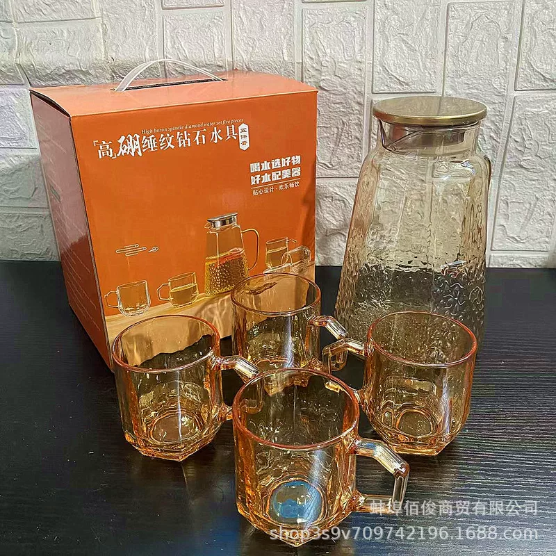 Стеклянный янтарный набор, чайник с алмазами на 6 чашек