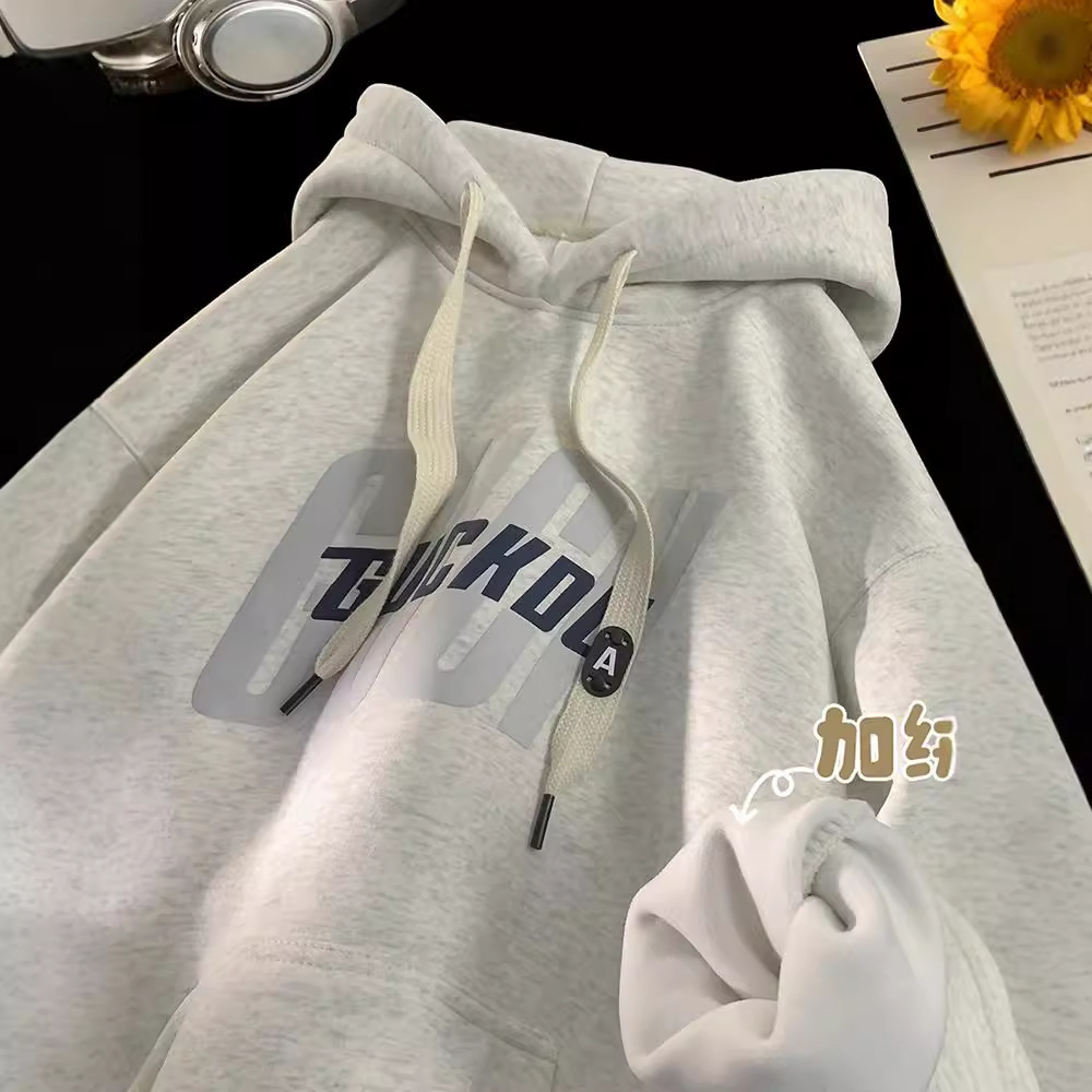 헤비 스티프 후드 스웨트셔츠 남성 봄 가을 미국 트렌디 브랜드 청소년 가을 겨울 와인 레드 플러스 벨벳 후드 재킷