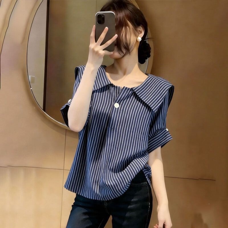 Summer Plus-Size Women's Korean-Style Striped Navy Collar Shirt, Stylish Loose Short-Sleeve Shirt with a Unique Design Summer Plus-Size Women's Korean-Style Striped Navy Collar Shirt, Stylish Loose Short-Sleeve Shirt with a Unique Design