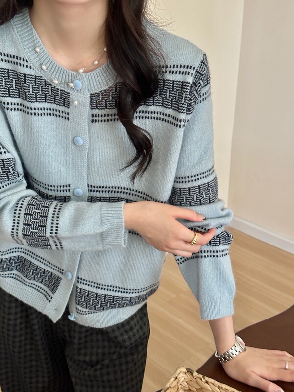 复古条纹提花费尔岛针织开衫女2025秋冬新款韩系甜美百搭毛衣外套|undefined