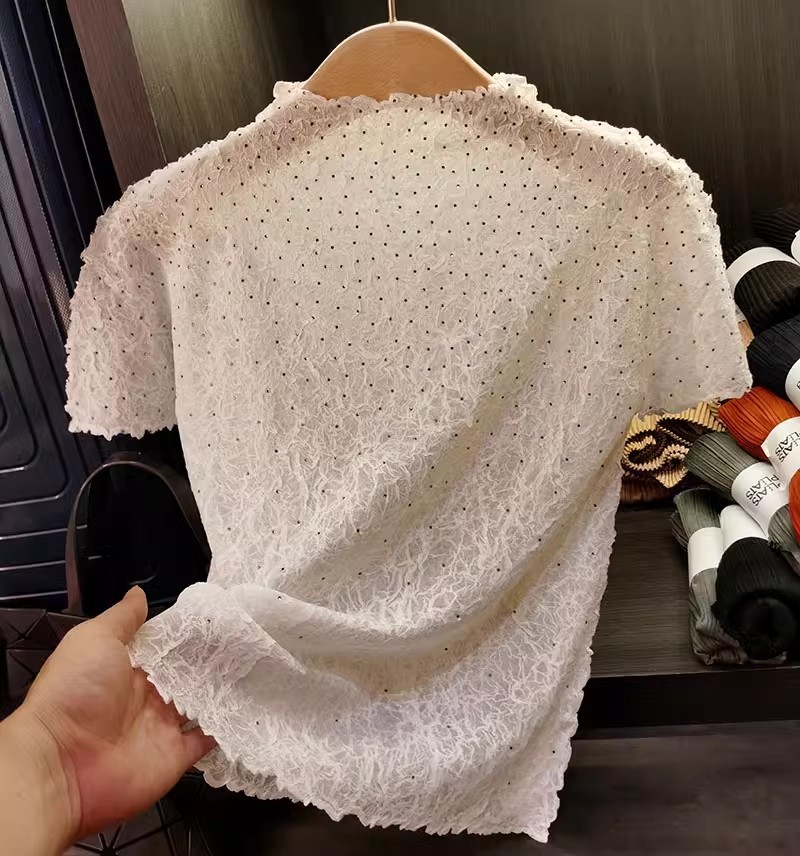 Áo thun ngắn tay cổ đứng xếp ly đính đá dễ phối mùa hè cho nữ — Màu đen, Màu tím, Màu xanh ngọc, Màu xanh đậm chi tiết 5