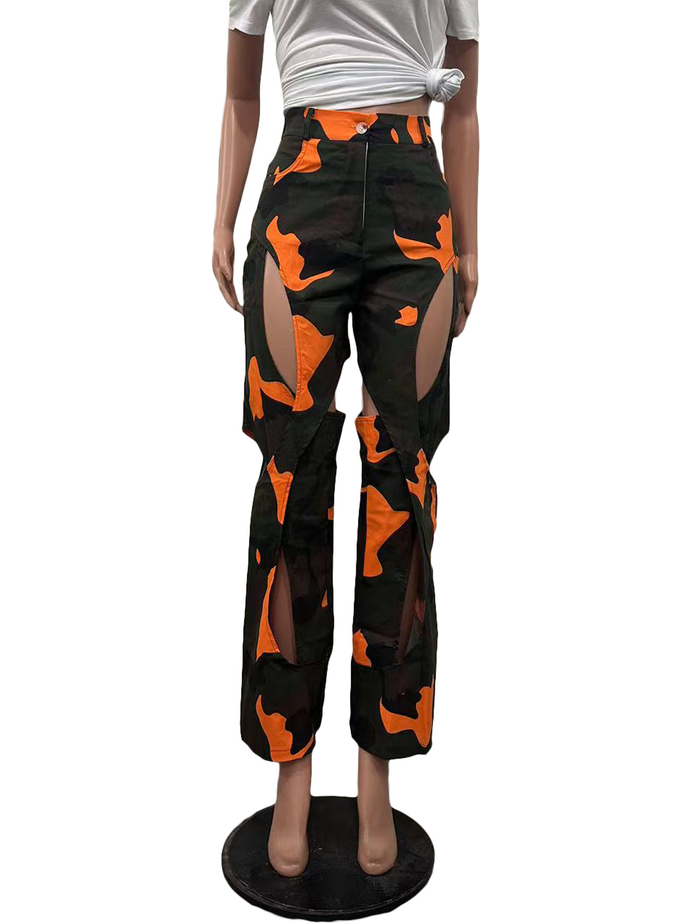 Women's Clothing Ripped Straight Workwear Pants Fashion Digital HD Print Casual American Style Spring Autumn Summer Regular Fit Polyester_ecoleips.com