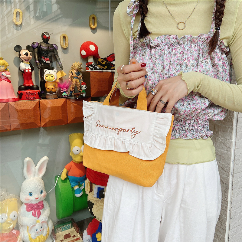 1441 Japanese and Korean chic Sweet ruffled bento Bag, Fresh embroidered hand-held small cloth bag, girl student bag wholesale undefined