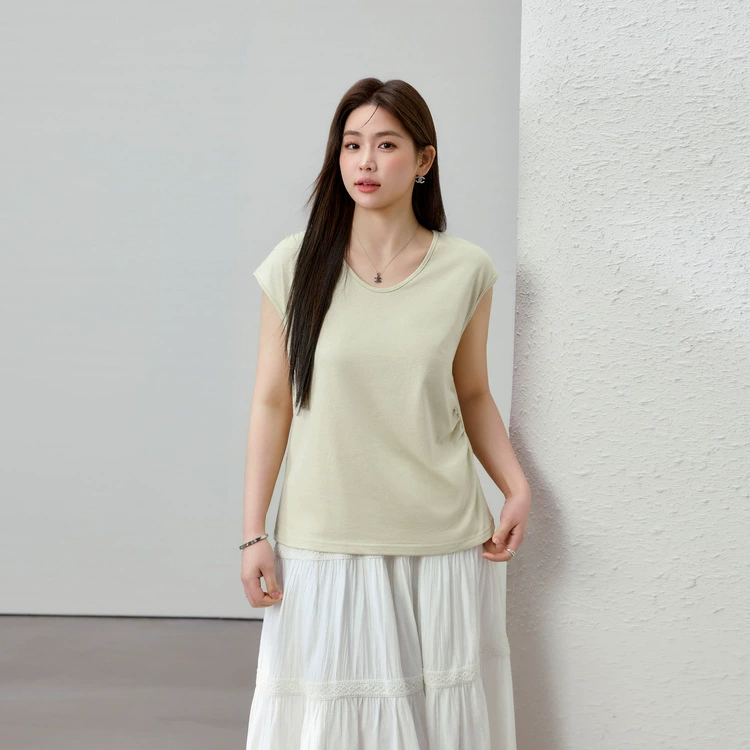 [Удобная футболка с U-образным вырезом из смеси льна и лиоцелла] Женская одежда больших размеров для похудения для женщин больших размеров, лето 2025, новый стиль.