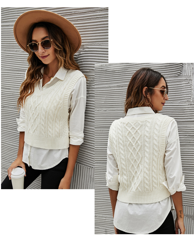 Solid Color V-Neck Cable Knitted Sweater Vest NSYH82724