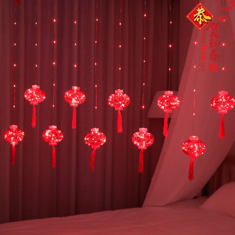 太阳能led新年窗帘冰条灯红灯笼元宵节日小彩灯家用过年装饰灯串
