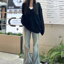大码胖mm美式复古毛边微喇叭牛仔裤女春秋高腰修身显瘦马蹄裤子潮