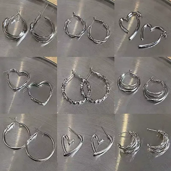 925 Silver Needle Hong Kong Style Retro Metal Earrings for Women, High-End Geometric Plain Hoop Earrings, Versatile Exaggerated Commuter Earrings