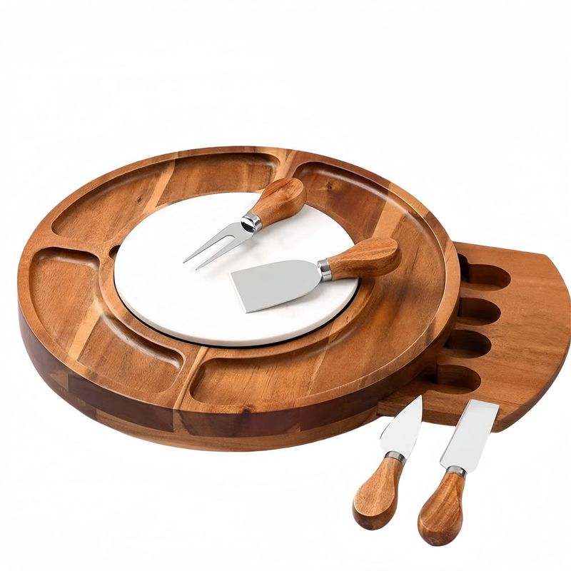 Amazon Hot Selling Acacia Wood Disc Cheese Cheese Board suit Deli Board Disc with Knife Cover Serving Tray