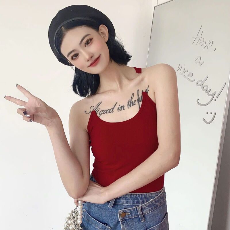 Design sense hot girl sling invisible transparent shoulder strap vest with chest pad slimming slim fit long top inner wear outer wear