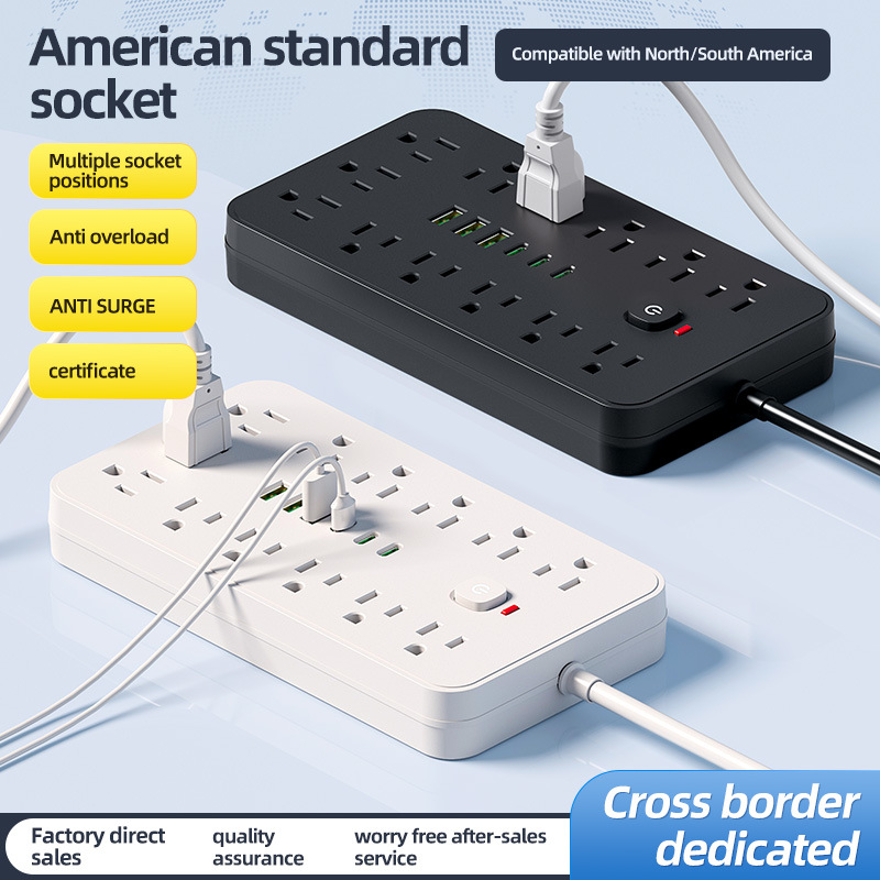 Cross-Border Us Standard Socket Mexico 19-in-13 Usb3C American Power Extension Cord Multi-Hole Power Strip Ul Certified