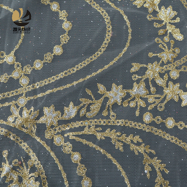 Fabricante directo vestido de boda impresión de oro tela de cadena de poliéster malla buena solidez vestido de noche tela de moda