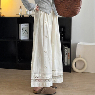 Off-White Lace Hollow Casual Pants for Women, Summer Thin Style for Plus-Size Girls, High-Waisted, Loose, Slimming, Straight-Leg Wide-Leg Pants