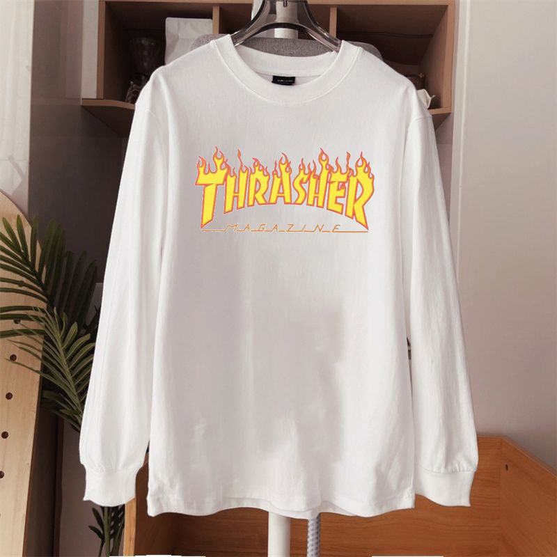Cross-Border Foreign Trade Thrasher American Limited Edition Multi-Color Jellyfish Flame Round Neck Long-Sleeve T-Shirt Unisex Base Layer Top