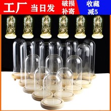 现货批发透明实木底座玻璃罩 手办干花防尘展示带灯永生花玻璃罩