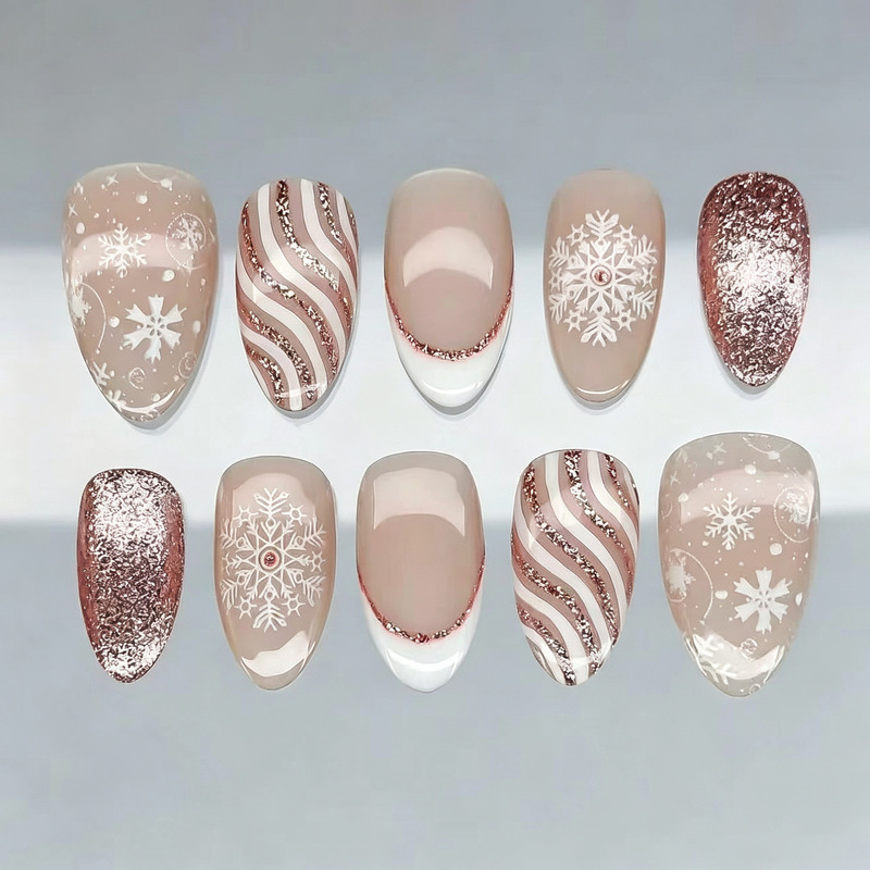 Cross-border Christmas bestsellers: exquisite snowflake cat-eye almond-shaped press-on nails, simple and elegant white French-style gold-accented manicure