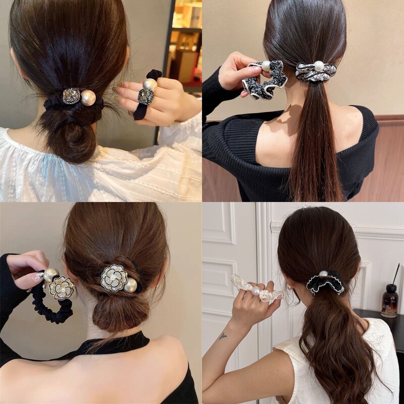 新しいスタイルのレースパールヘアゴムコレクション、高弾性ポニーテールヘアロープ、ボールヘアロープ、女性用ヘアアクセサリー|undefined