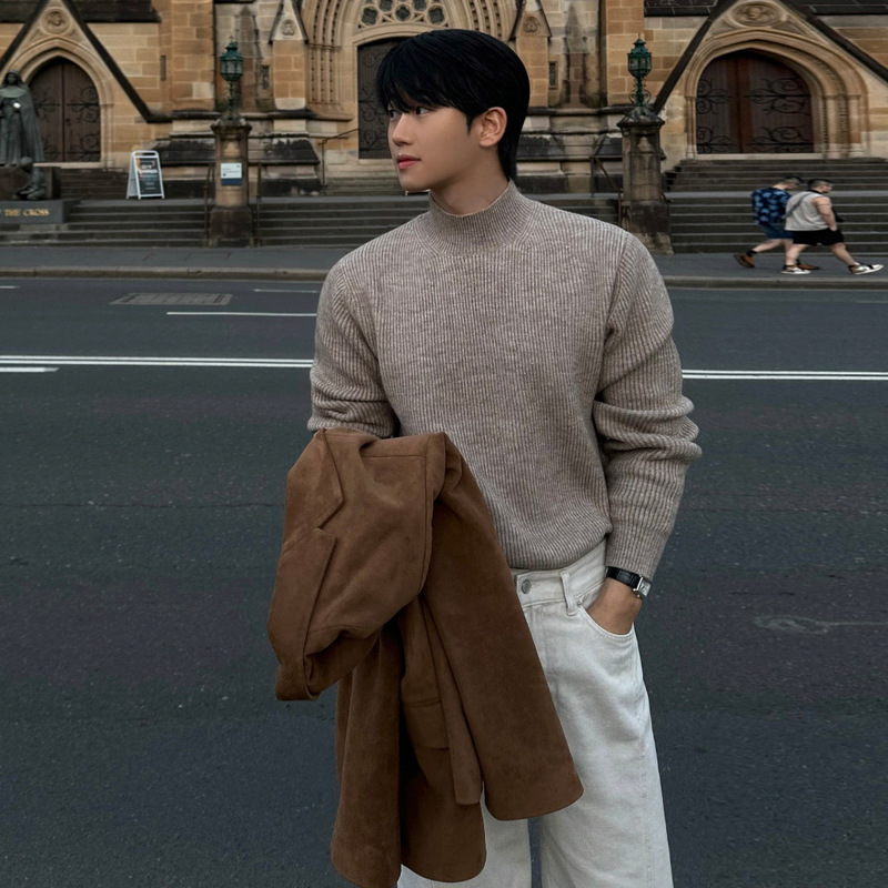 Myq Simple Style Pure Color Half Turtleneck Pullover Knitwear Men's Winter Warm Slim Knitwear Korean Style Wear