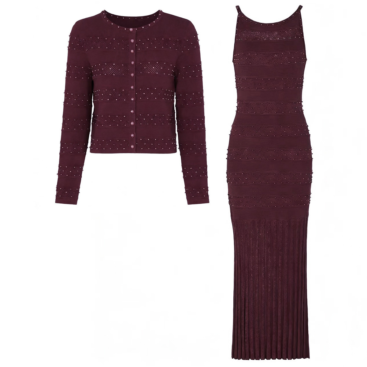 In-Stock High-End Quality New Spring and Autumn Beaded Trendy Knit Top + Sleeveless Strap Dress Set 25310