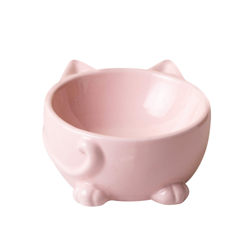 陶磁器の猫の碗の双碗の飲み物の碗のペットのかわいい猫の鉢の高い足の首の保護の頚椎の斜め口の猫の茶碗の猫|undefined