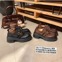 葡萄妈同款 增高6cm水洗马皮小金扣粗跟厚底乐福单鞋小皮鞋女春秋