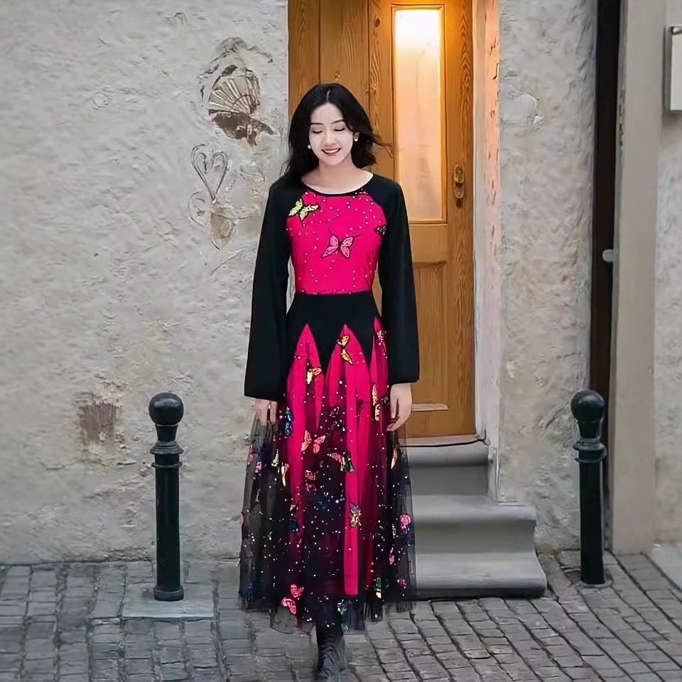 Новое платье современного танца платье платье большой качели платье с длинными рукавами