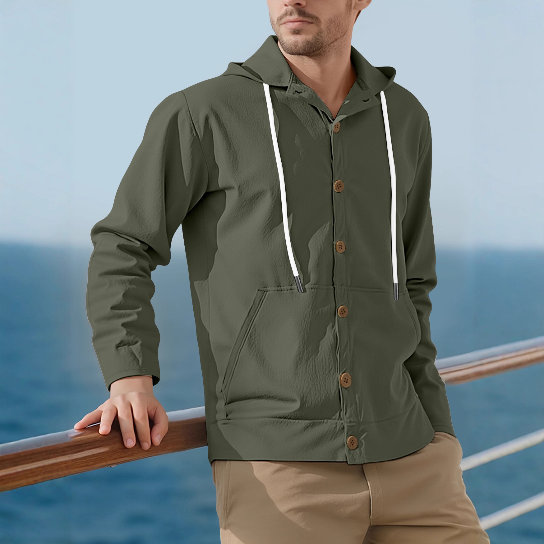 Transfronterizo Amazon primavera y otoño hombre botón camisa con capuz Europa y América TK lino casual gran abrigo de algodón de playa suelto
