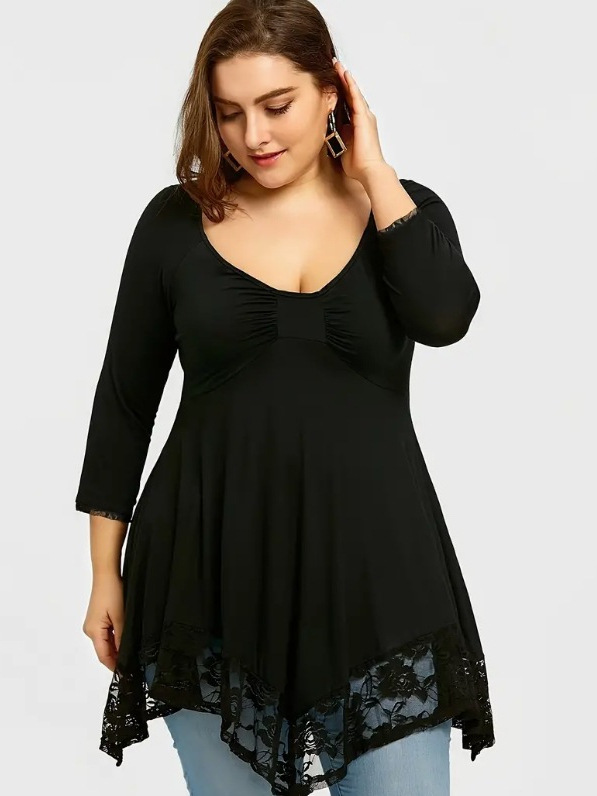 Black Lace Plus Size Dress with V-Neck & Asymmetrical Hem