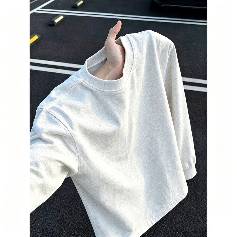 High-quality white gray American-style heavy-duty long-sleeve T-shirt for men, autumn hoodless sweatshirt, pure cotton base layer shirt, trendy High-quality white gray American-style heavy-duty long-sleeve T-shirt for men, autumn hoodless sweatshirt, pure cotton base layer shirt, trendy