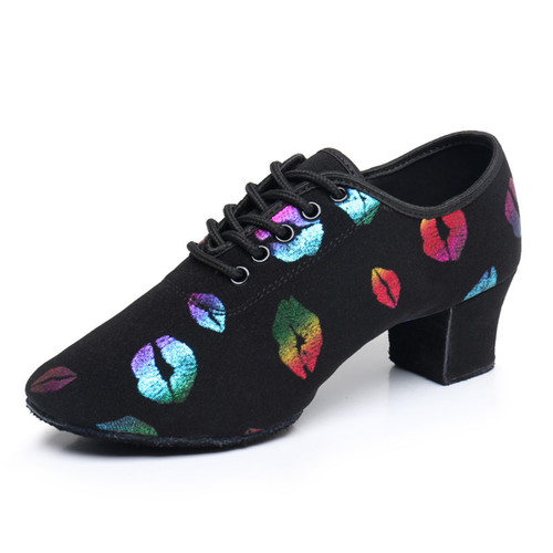 New Autumn Colorful Oxford Cloth Dance Shoes Colorful Lip Print Women's High Heels Latin Dance Shoes Belly Dance Practice Shoes