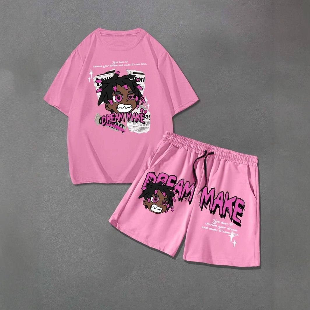 Divertido hip-hop chico estampado 3D venta caliente traje de hombre camiseta traje de hombre cuello redondo pantalones cortos con cordón de manga corta