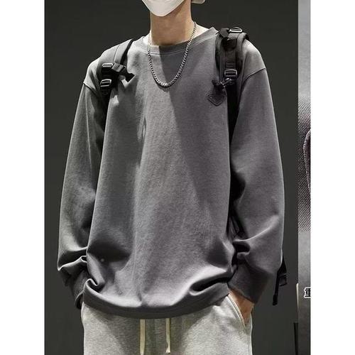 Men's Long Sleeve T-shirt with Heavyweight Crew Neck Base Layer Top, Spring and Autumn Simple Color Hooded Sweatshirt Outerwear, Hong Kong Style National Trend