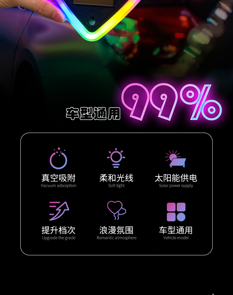 Cross-Border Automotive Solar-Powered Triangular Window Heart-Shaped Ambient Light Car Interior Decoration Heart-Shaped Neon Light