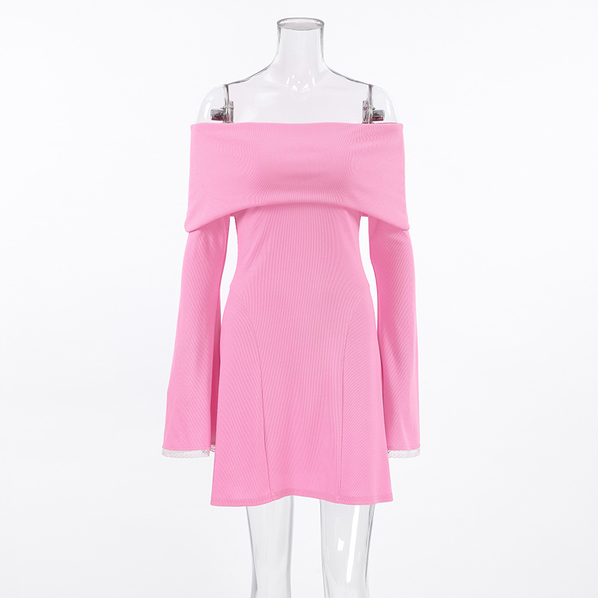 Autumn Winter Gentle Pink off Shoulder Sexy Flare Sleeve Knitted Lace Slim Fit Dress French Short for Women