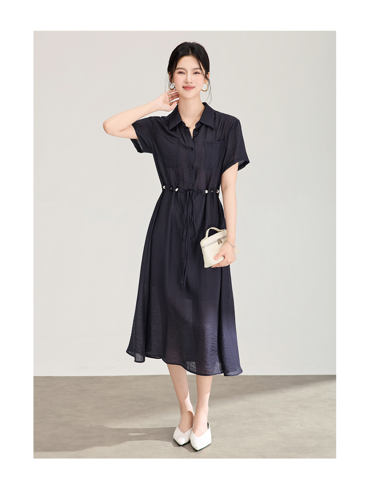 Đầm sơ mi nữ dáng suông chất liệu linen phối cườm nhẹ — màu xanh navy chi tiết 12