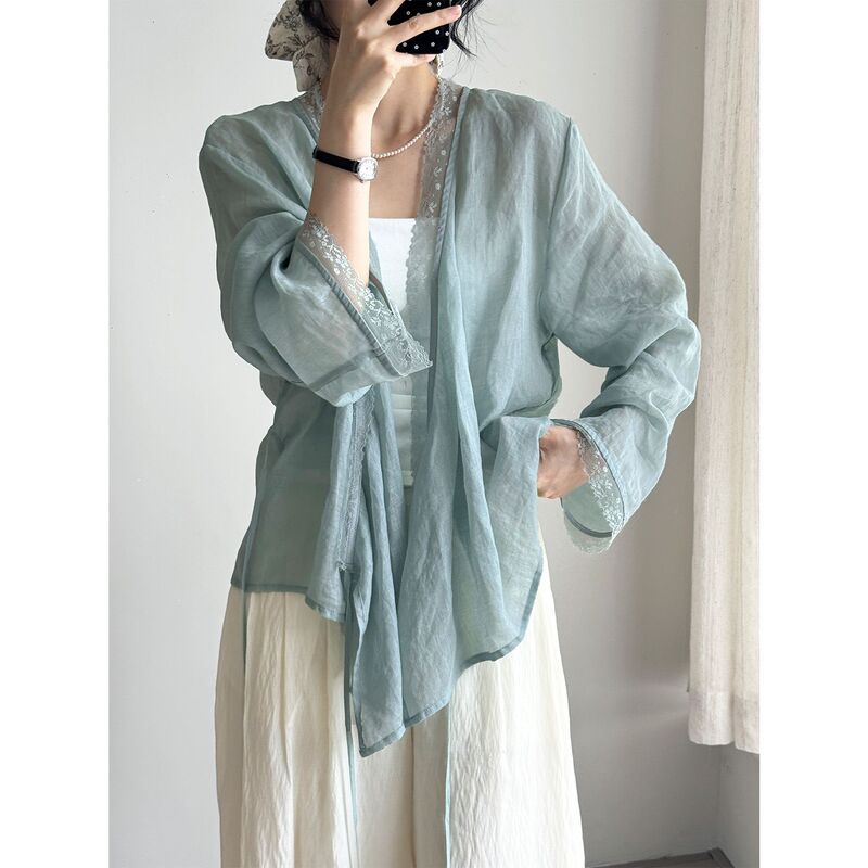 At the end of the literary and artistic 100 ramie elegant gentle fairy style coat lace-up sunscreen shirt 6100