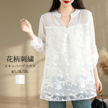 春夏季日韩新款设计感大码欧根纱刺绣花朵衬衣女中长款轻薄衬衫女