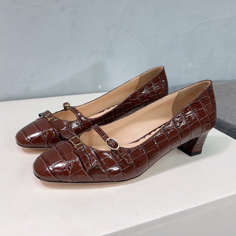 European station 2025 early spring new gold buckle bow crocodile leather shoes women's low-cut chunky heel Mary Jane shoes