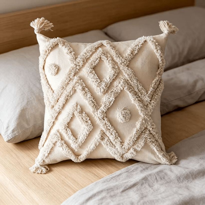 Cream lienzo bordado funda de almohada estilo nórdico ligero lujo cojín de sofá geométrico decoración de hoteles residencial funda de almohada