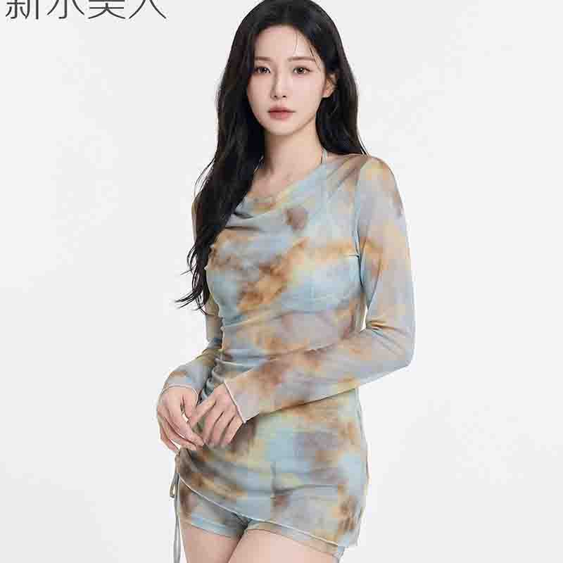 New Conservative Tie-Dye Three-Piece Swimsuit Set for Women, Long-Sleeved, Sun-Protective, Slimming, Suitable for Hot Springs and Vacations