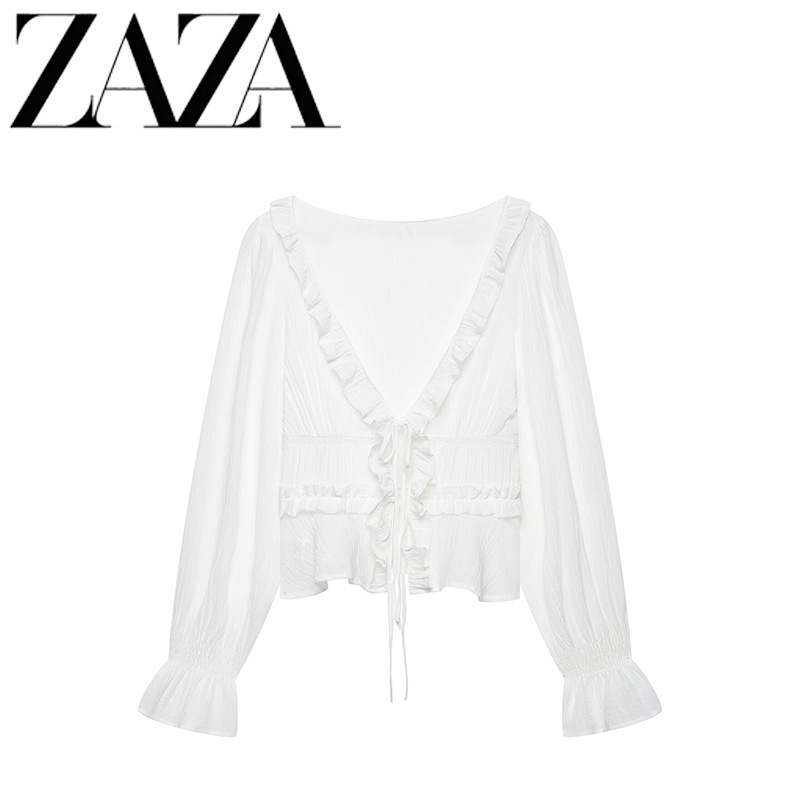 ZAZA self-designed European and American style wholesale women's clothing, fashionable and versatile V-neck sheer embroidered layered decorative shirt ZAZA self-designed European and American style wholesale women's clothing, fashionable and versatile V-neck sheer embroidered layered decorative shirt