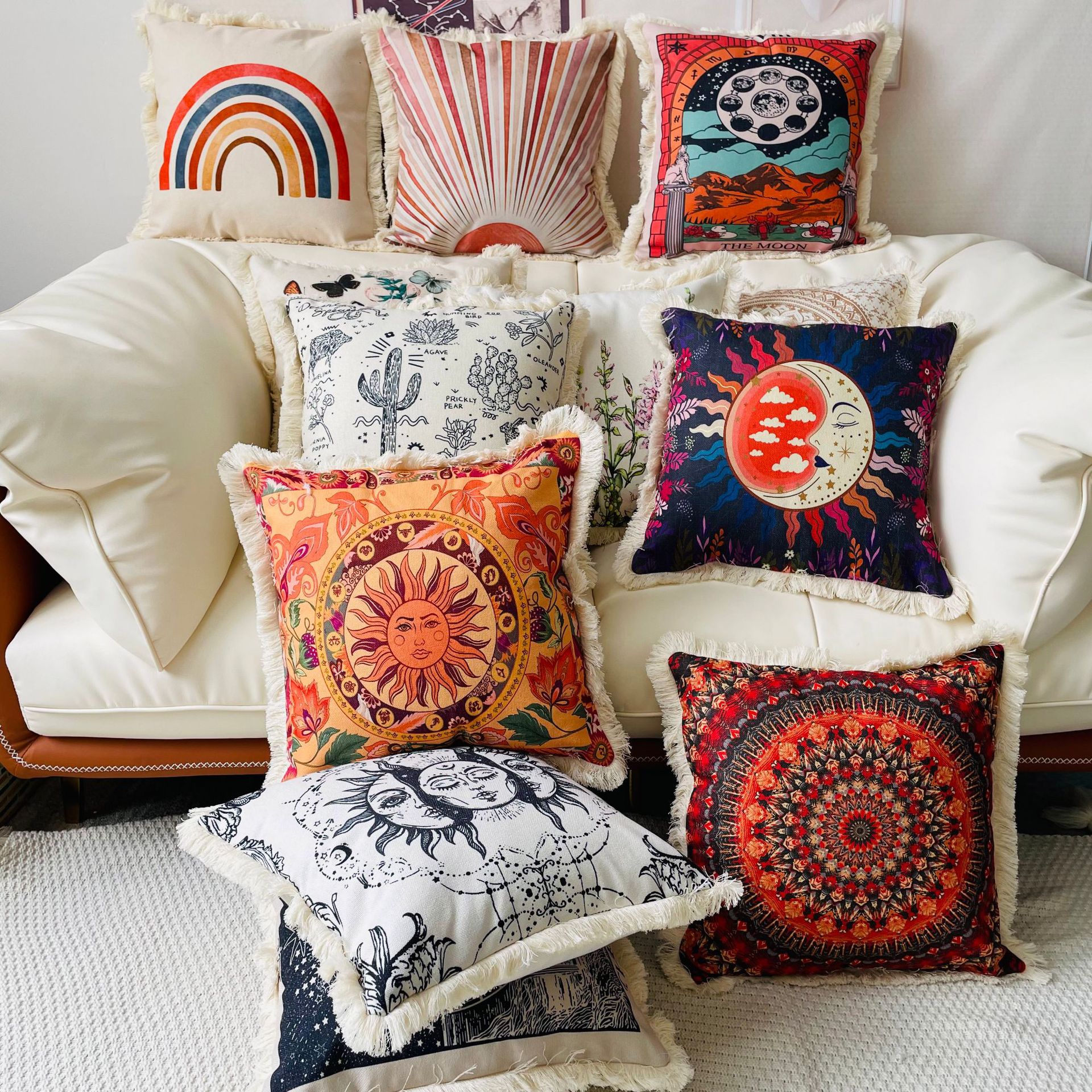 European and American style around tassel edge decorative plant flower cotton linen printed pillowcase home decoration sofa cushion cover_voghion.com