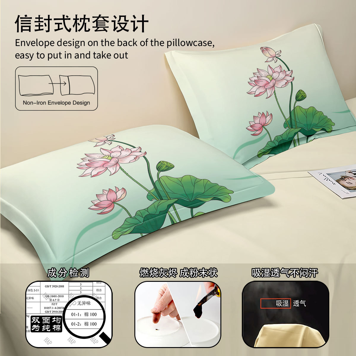 Guofeng algodón sábanas de almohada de impresión de loto sábanas caseras sábanas de algodón doble sábanas de cama de tres piezas image 5