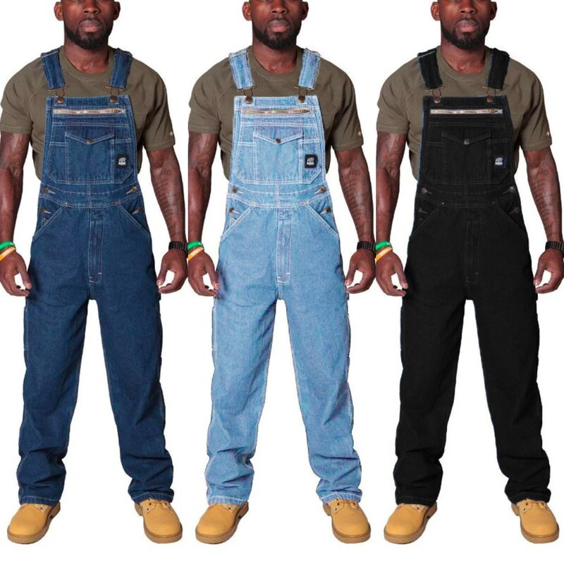 Wish European and American men's strap denim jumpsuit ripped denim frock trousers