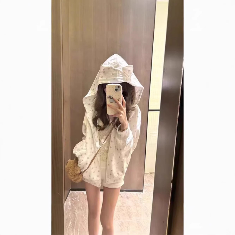 Unique Cute Cat Ear Hooded Sweatshirt for Women 2025 Spring and Autumn New Korean Style Full-Print Lazy Style Cardigan Jacket